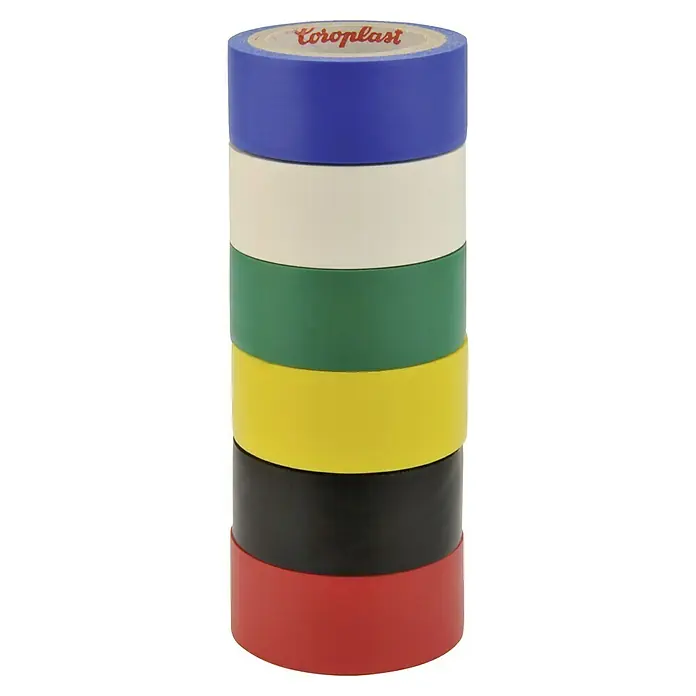 Cartrend Isolierband-Set - 6 Stk., Mehrfarbig, Selbstklebend - Stapel von farbigem Coroplast-Klebeband, von Rot bis Blau, perfekt für verschiedene Anwendungen.