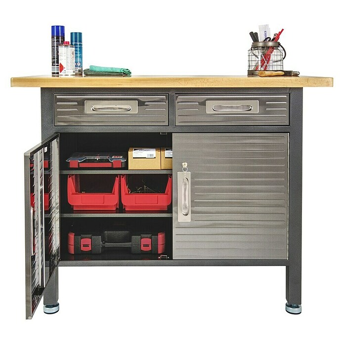 Werkbank (L x B x H: 61 x 122 x 95 cm, 2 Schubladen)