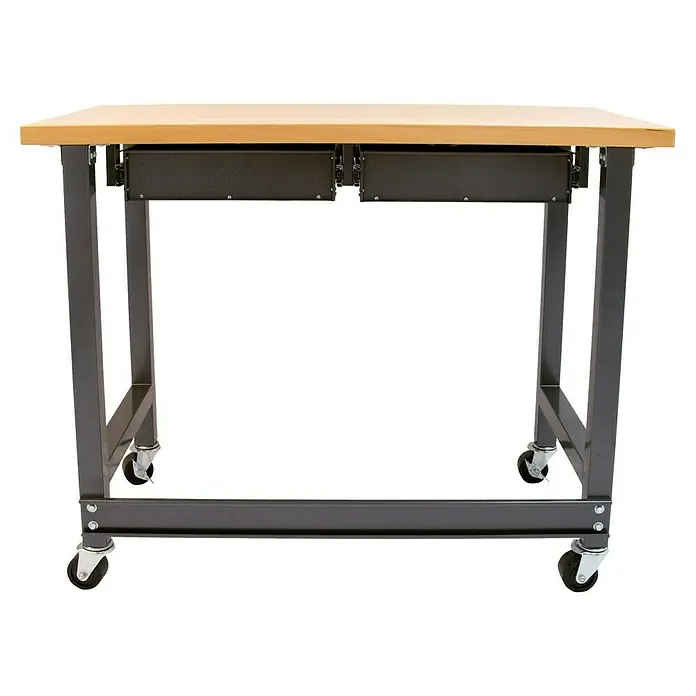 Werkbank mit Rollen - L x B: 61 x 122 cm, Arbeitshöhe: 95,5 cm, Belastbarkeit: 130 kg, Anthrazit/Silber - Tisch mit Holzplatte und zwei Schubladen darunter, montiert auf einem Metallgestell mit Rollen.