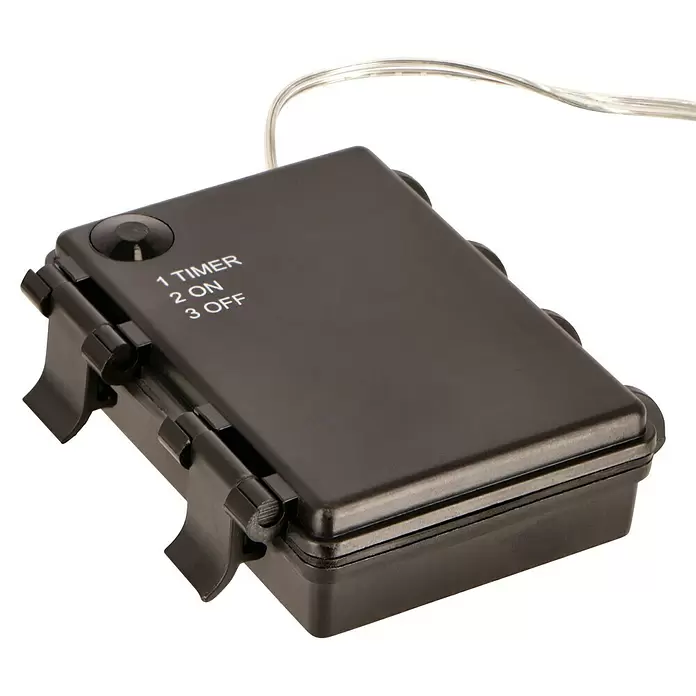 Tween Light LED-Gartenstecker Zuckerstangen - Innen, Lichtfarbe: Rot, Anzahl Leuchtmittel: 36 Stk., Batteriebetrieben - Dunkelgraue Kunststoff-Steuerungseinheit mit Timer-/Ein-/Aus-Einstellungen und transparentem Kabel.