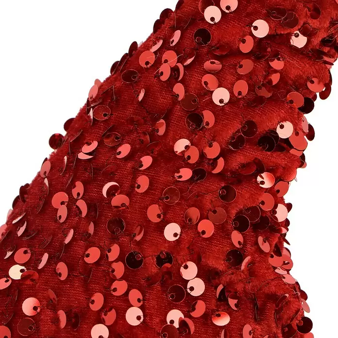 Dekofigur Weihnachtswichtel schaukelnd - L x B x H: 33 x 33 x 83 cm, Polyester - Nahaufnahme von leuchtend rotem Stoff, verziert mit zahlreichen glänzenden, runden roten Pailletten, einzeln aufgenäht.