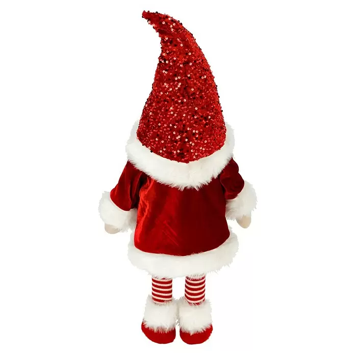 Dekofigur Weihnachtswichtel schaukelnd - L x B x H: 33 x 33 x 83 cm, Polyester - Weihnachtszwergfigur mit rotem Paillettenhut, rotem Samtmantel mit weißem Fell und gestreiften Beinen.