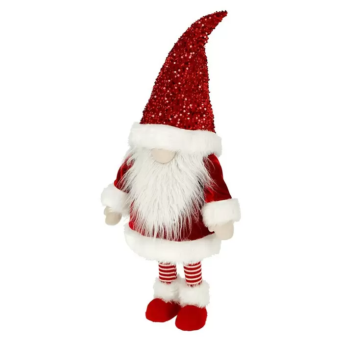 Dekofigur Weihnachtswichtel schaukelnd - L x B x H: 33 x 33 x 83 cm, Polyester - Rote Pailletten-Wichtelfigur mit weißem Pelzbart und Besatz, gestreiften Beinen und roten Schuhen.