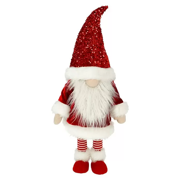 Dekofigur Weihnachtswichtel schaukelnd - L x B x H: 33 x 33 x 83 cm, Polyester - Weihnachtswichtel mit rotem Paillettenhut, weißem Bart, rotem Samtanzug mit Pelzbesatz und gestreiften Beinen.
