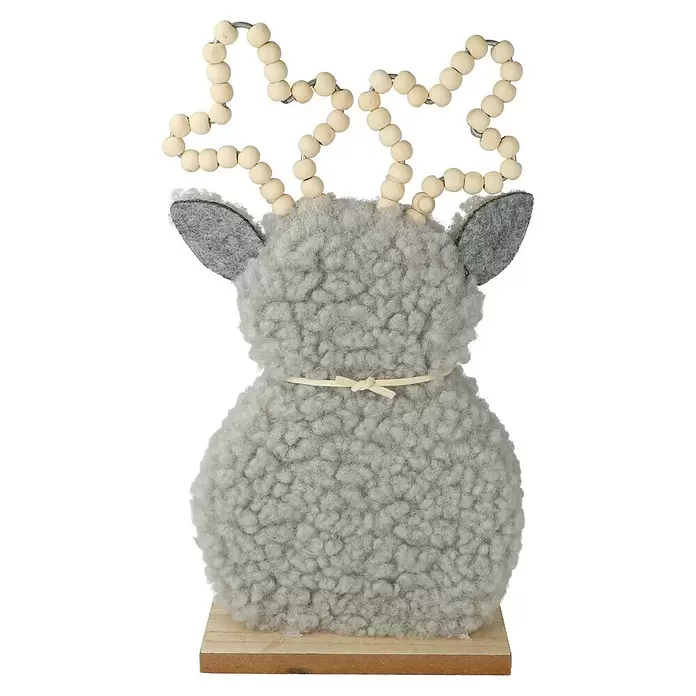 Dekofigur Hirsch - L x B x H: 13 x 5 x 24,5 cm, Braun/Grau, Holz, 1 Stk. - Graues flauschiges Lamm-Dekoration mit Geweih aus Holzperlen und Holzsockel.