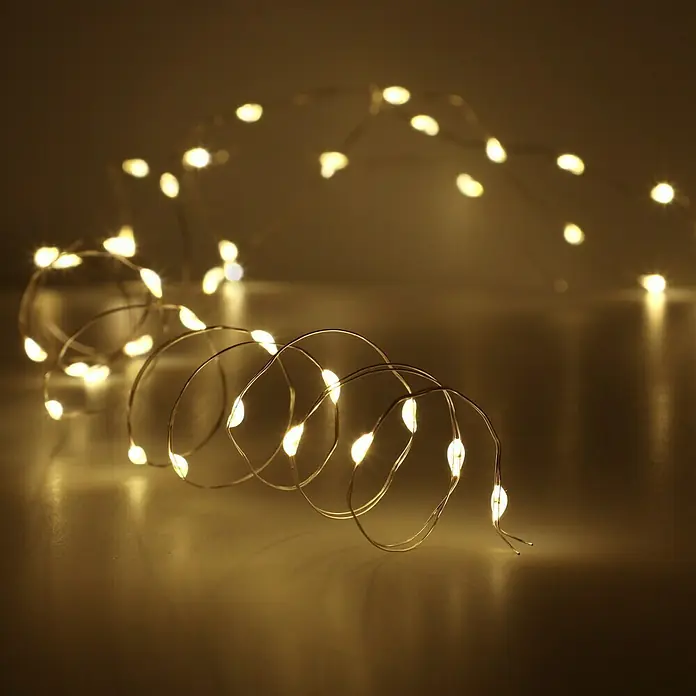 LED-Lichterdraht - Außen, 395 cm, Lichtfarbe: Warmweiß, 80 Stk., Batteriebetrieben - Nahaufnahme einer gewundenen Lichterkette mit warmweißen Lichtern, die eine sanfte, gemütliche Atmosphäre erzeugen.
