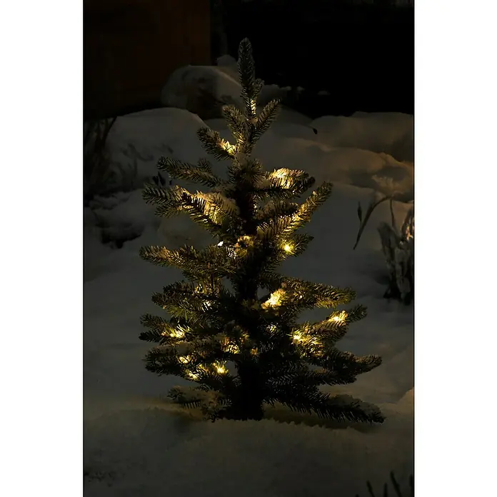 Künstlicher Weihnachtsbaum Allison - Höhe: 60 cm, Grün, LED-Beleuchtung - Beleuchteter Mini-Weihnachtsbaum im Schnee. Festliche Dekoration für den Außenbereich mit warm leuchtenden Lichtern auf einem kleinen Weihnachtsbaum.