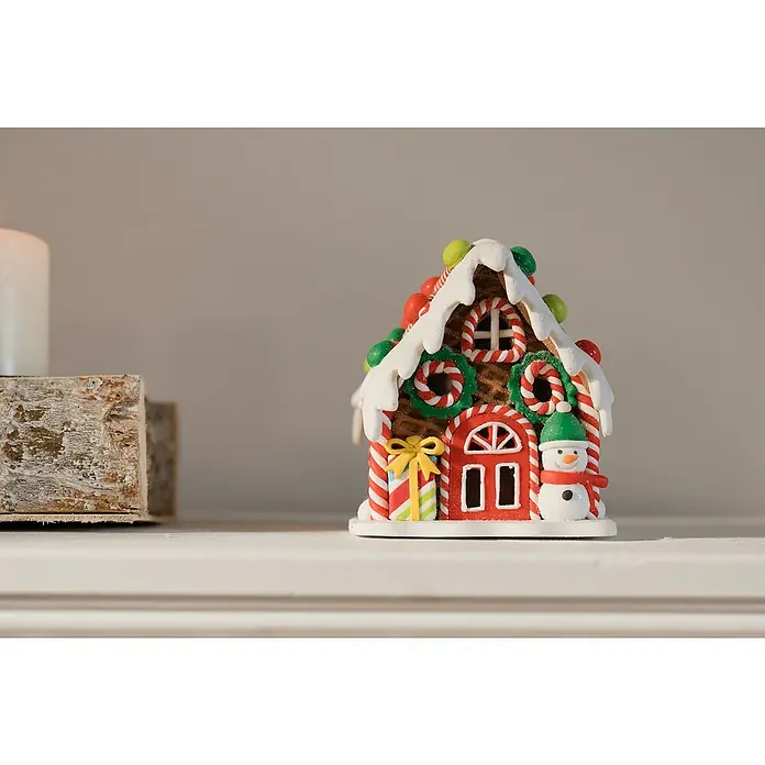 LED-Weihnachtsdekoleuchte Lebkuchenhaus - 12 x 14 x 12 cm, Mehrfarbig, Batteriebetrieben, LED - Dekoratives Lebkuchenhaus mit Zuckerguss, Bonbons und einem Schneemann, ideal für die festliche Weihnachtsdekoration.