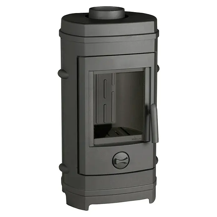Invicta Estufa de leña Remilly - 7 kW, Volumen de calefacción: 210 m³, Antracita - Estufa de leña independiente en color negro. La estufa tiene una puerta y un asa para abrir.
