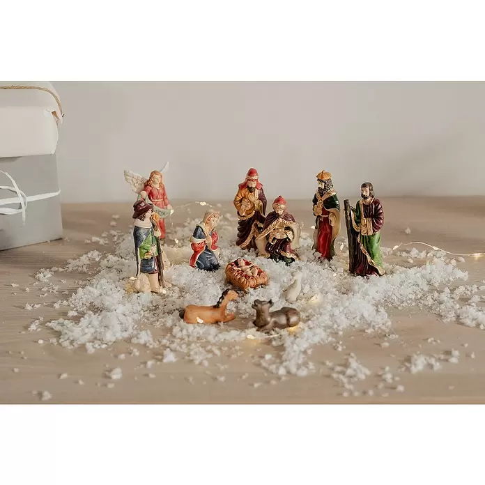 Krippenfiguren-Set - L x B x H: 20,5 x 5 x 29,5 cm, Kunststein, 11 Stk. - Farbenfrohe Weihnachtskrippe mit Figuren von Jesus, Maria, Josef, Weisen, Engeln und Tieren auf Kunstschnee.