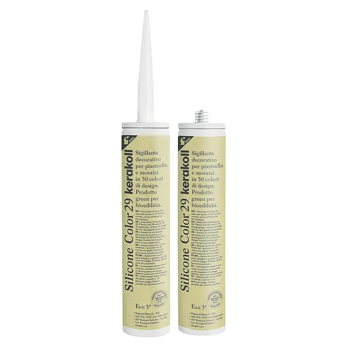 Kerakoll Silicona universal Color - Tono de color: 29, 310 ml - Dos tubos de Silicone Color 29 Kerakoll, un sellador decorativo para azulejos y mosaicos, ecológico y disponible en varios colores.