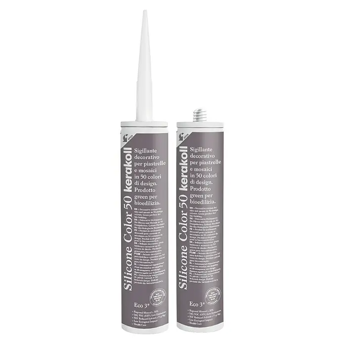 Kerakoll Silicona universal Color - Tono de color: 50, 310 ml - Imagen de dos cartuchos de Kerakoll Silicone Color 50, un sellador decorativo para azulejos y mosaicos, ecológico y disponible en muchos colores.