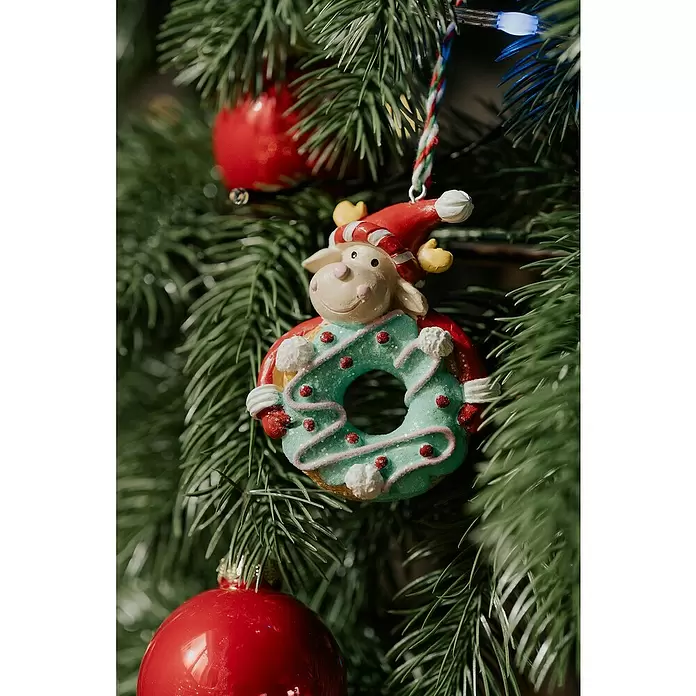 Decoris Christbaumschmuck Donut - Bunt, Polyresin, 9,6 x 7 x 3,2 cm - Bunter Rentier-Donut-Weihnachtsbaumschmuck.