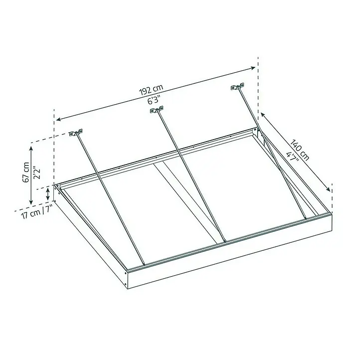 Palram – Canopia Marquesina para puerta Sophia XL - 192 x 140 x 17 cm, Gris antracita, Color del techo: Claro - Un dibujo técnico de un marco de cama con dimensiones de 192 cm de largo y 140 cm de ancho.