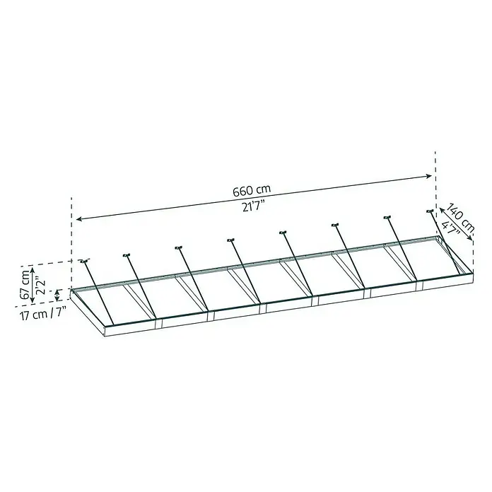 Palram – Canopia Marquesina para puerta Sophia XL - 660 x 140 x 17 cm, Gris antracita, Color del techo: Claro - Dibujo esquemático detallado de un marco con dimensiones de longitud, anchura y altura en centímetros y pulgadas.