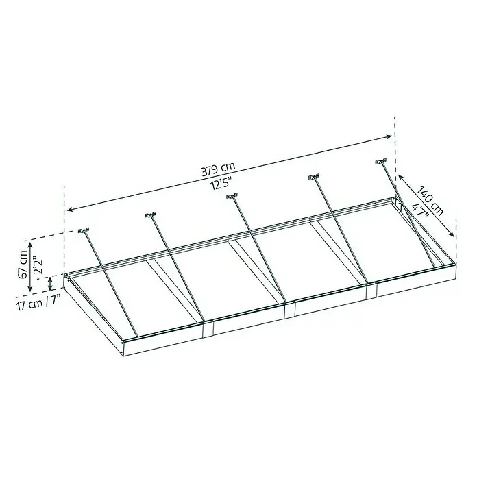 Palram – Canopia Marquesina para puerta Sophia XL - 379 x 140 x 17 cm, Gris antracita, Color del techo: Blanco opal - La imagen muestra un dibujo técnico de un marco de cama con dimensiones de 379 cm de largo y 140 cm de ancho.