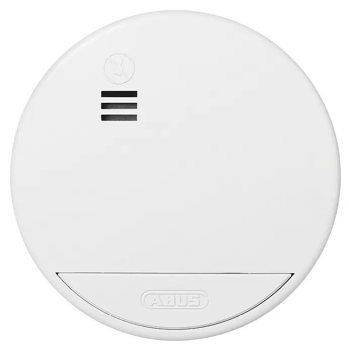 Abus Rauchwarnmelder-Set RWM90 - Alarmsignal: 85 dB, 3 Stk., Höhe: 36 mm - Weißer, runder ABUS Rauchmelder mit Testknopfsymbol und drei Lüftungsschlitzen.