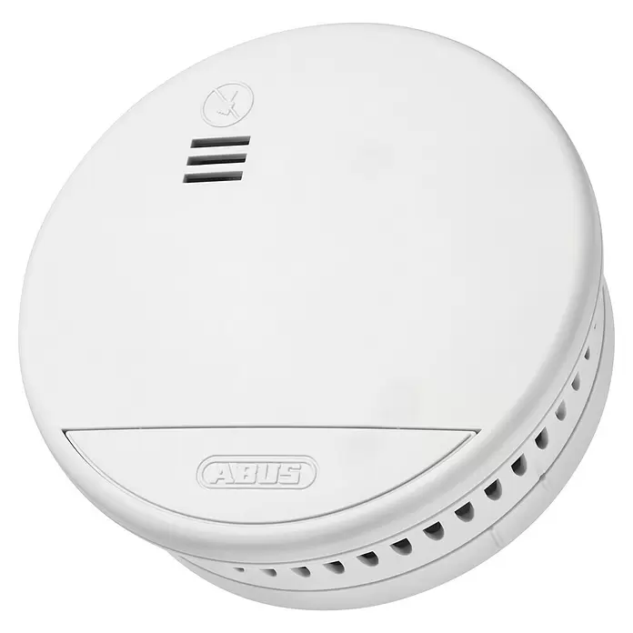 Abus Rauchwarnmelder-Set RWM90 - Alarmsignal: 85 dB, 3 Stk., Höhe: 36 mm - Weißer ABUS Rauchmelder, ein rundes Sicherheitsgerät mit Lüftungsschlitzen, Testtaste und Markenlogo.