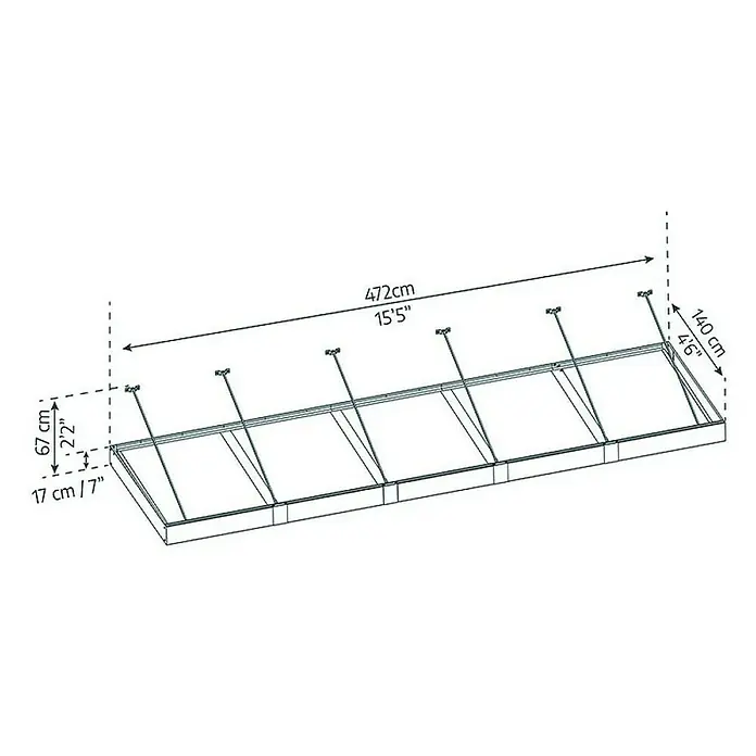 Palram – Canopia Marquesina para puerta Sophia XL - 472 x 140 x 17 cm, Gris antracita, Color del techo: Claro - Diagrama esquemático de un marco de cama, de 472 cm de largo y 140 cm de ancho, con dimensiones asociadas en centímetros y pies.