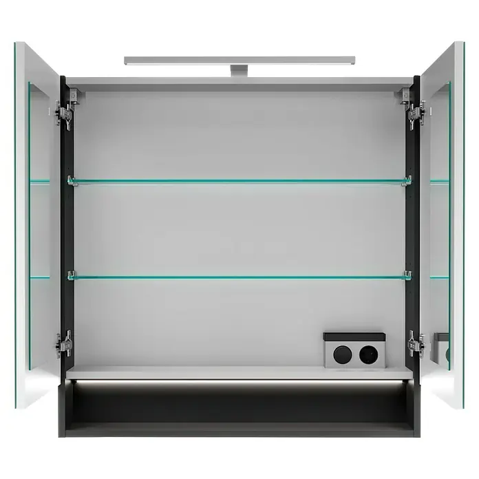 Camargue Curve Badmöbel-Set - Gesamtbreite Badmöbel: 80 cm, Schwarz, Matt, DIN Anschlag: Rechts, Mit LED-Spiegelschrank - Offener Spiegelschrank mit Glasablagen und Beleuchtung. Ein moderner Badschrank für stilvolle Aufbewahrung.