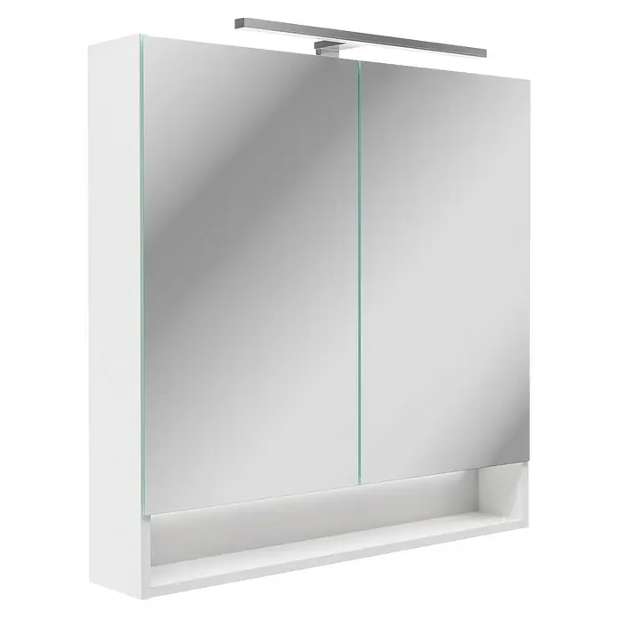 Camargue Curve Badmöbel-Set - Gesamtbreite Badmöbel: 80 cm, Matt, Weiß, 3 -tlg. - Ein weißer Spiegelschrank mit Regal und integrierter Lampe für Badezimmer, modernes Design und optimale Funktionalität.