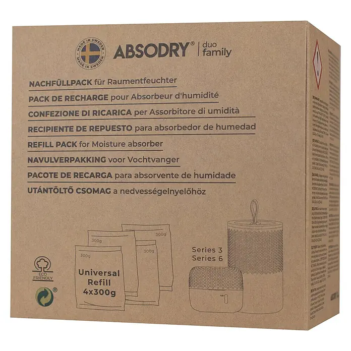 Absodry Duo Family Luftentfeuchter-Nachfüllpack - 4 Stk., Masse Einzelkomponente: 300 g - Bild einer AbsoDry Duo Family Nachfüllpackung für Raumentfeuchter mit 4x300g Universal Refills.