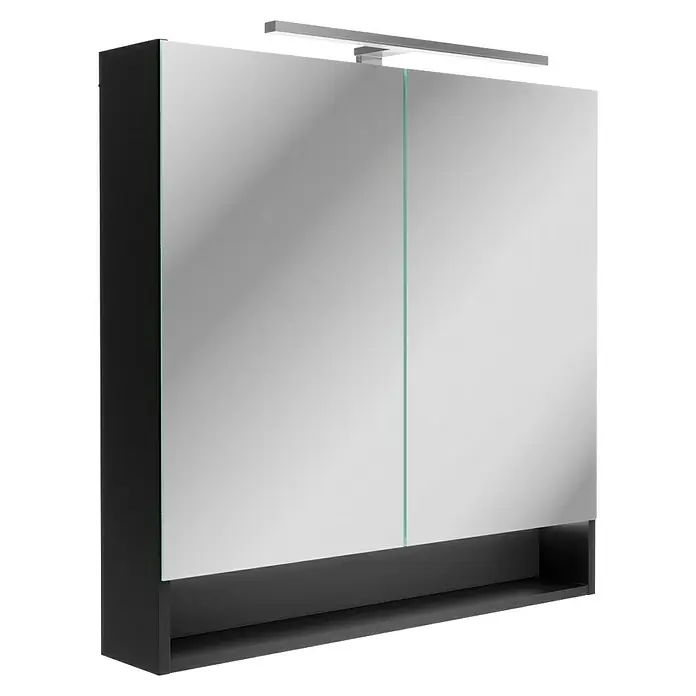 Camargue Curve Badmöbel-Set - Gesamtbreite Badmöbel: 80 cm, Schwarz, Matt, DIN Anschlag: Rechts, Mit LED-Spiegelschrank - Moderner Spiegelschrank mit zwei Türen und integrierter Beleuchtung, ideal für Badezimmer.