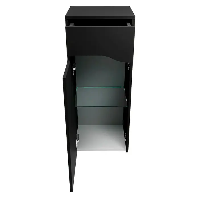Camargue Curve Badmöbel-Set - Gesamtbreite Badmöbel: 80 cm, Schwarz, Matt, DIN Anschlag: Links, Mit LED-Spiegelschrank - Schwarzer Badezimmerschrank mit Schublade und Glasablage, die Tür steht offen.