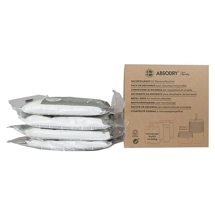 Absodry Duo Family Luftentfeuchter-Nachfüllpack - 4 Stk., Masse Einzelkomponente: 300 g - Nachfüllpackung für Raumentfeuchter von Absodry. Vier einzeln verpackte 300g Nachfüllbeutel, ideal für die Luftentfeuchtung in Innenräumen.