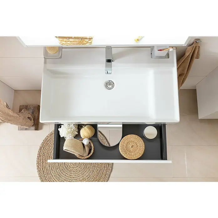 Camargue Curve Badmöbel-Set - Gesamtbreite Badmöbel: 80 cm, Matt, Weiß, 3 -tlg. - Waschbecken mit Armatur und offenem Unterschrank mit Badutensilien, für ein entspannendes Badezimmererlebnis.