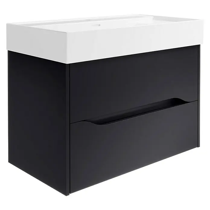 Camargue Curve Badmöbel-Set - Gesamtbreite Badmöbel: 80 cm, Schwarz, Matt, DIN Anschlag: Rechts, Mit LED-Spiegelschrank - Modernes Badezimmer-Waschbecken mit schwarzem Unterschrank und weißem Aufsatzwaschbecken für ein stilvolles Badambiente.