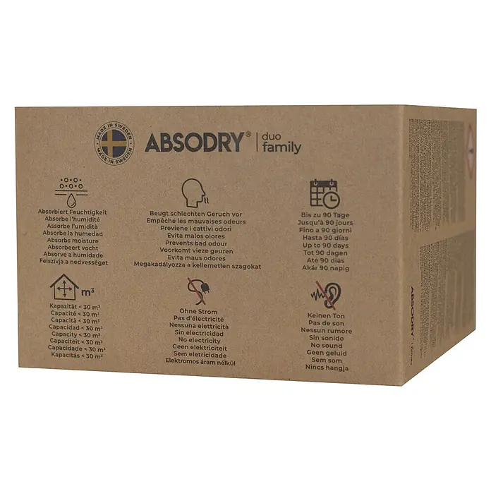 Absodry Duo Family Luftentfeuchter-Nachfüllpack - 4 Stk., Masse Einzelkomponente: 300 g - Das Bild zeigt die Verpackung von ABSODRY duo family, einem Raumentfeuchter, der bis zu 90 Tage Feuchtigkeit absorbiert und Gerüche neutralisiert.