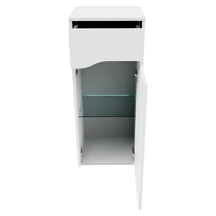 Camargue Curve Badmöbel-Set - Gesamtbreite Badmöbel: 80 cm, Weiß, Matt, DIN Anschlag: Rechts, Mit LED-Spiegelschrank - Ein weißer Badezimmerschrank mit einer Schublade und einer Glastür, die einen Blick auf das Regal im Inneren des Schranks ermöglicht.