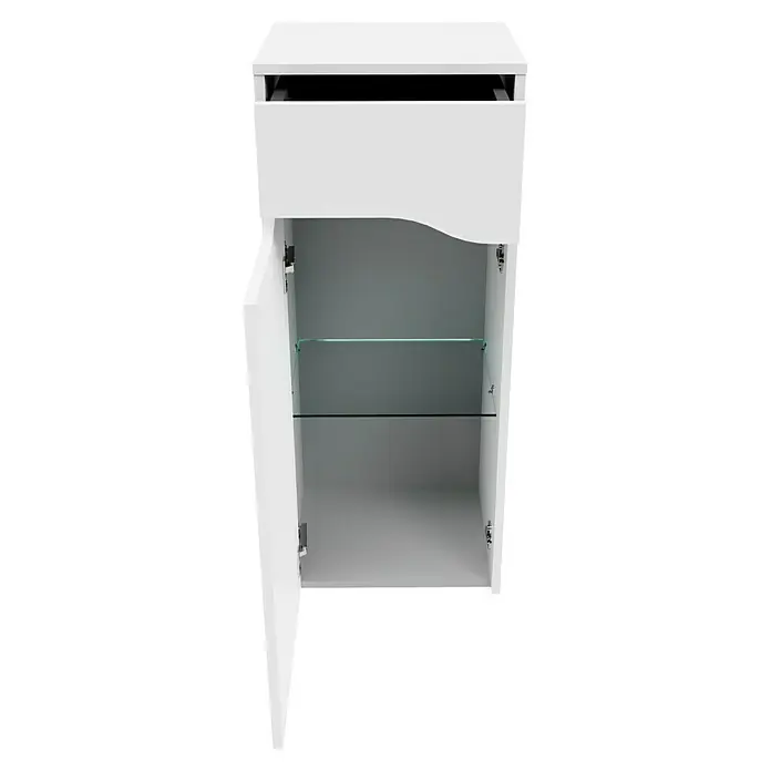 Camargue Curve Badmöbel-Set - Gesamtbreite Badmöbel: 80 cm, Weiß, Matt, DIN Anschlag: Links, Mit LED-Spiegelschrank - Dieser moderne weiße Schrank mit Glastablaren bietet stilvollen Stauraum. Ideal für Bad oder Wohnbereich, mit offener Tür.