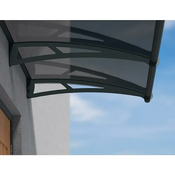 Palram – Canopia Marquesina para puerta Aquila - 150,5 x 91,5 x 17,5 cm, Antracita, Color del techo: Gris - Primer plano de un moderno toldo de puerta gris con techo transparente sobre un cielo azul.