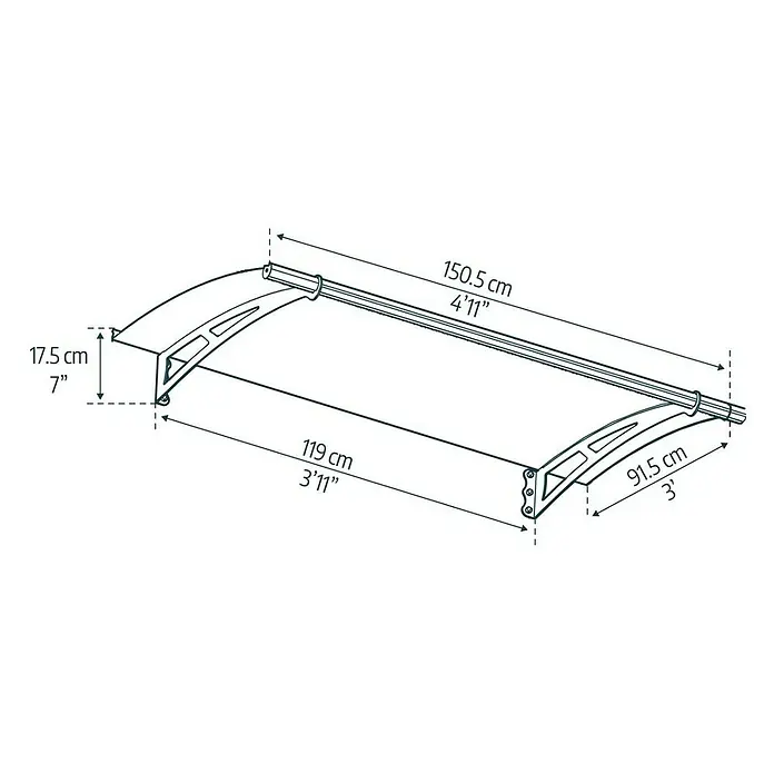 Palram – Canopia Marquesina para puerta Aquila - 150,5 x 91,5 x 17,5 cm, Antracita, Color del techo: Gris - Un dibujo técnico de una estructura de toldo, que muestra las dimensiones en centímetros y pies para fines de construcción.