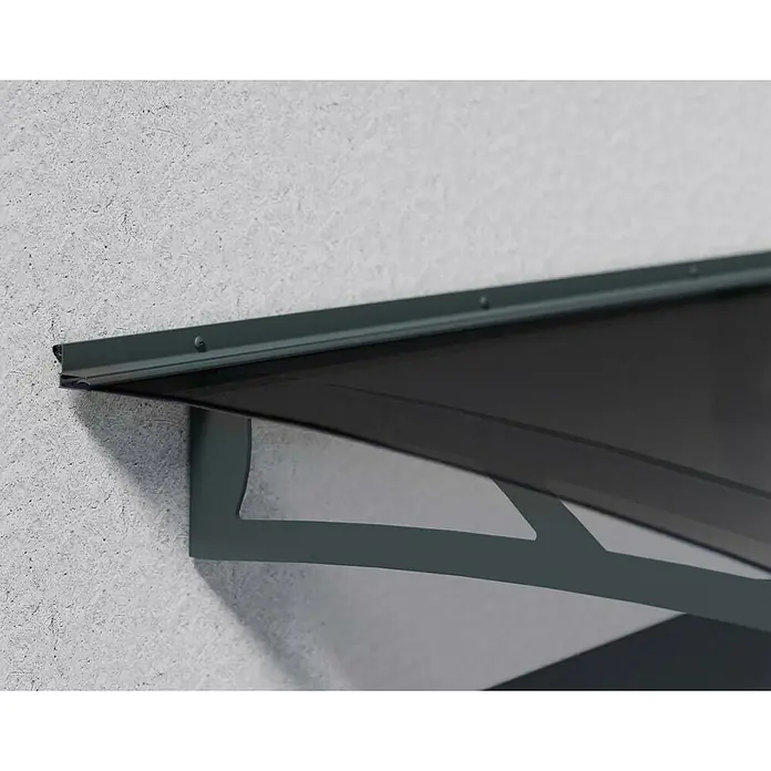 Palram – Canopia Pultvordach Aquila - 150,5 x 91,5 x 17,5 cm, Anthrazitgrau, Farbe Dach: Solargrau - Nahaufnahme einer modernen, grauen Haustürüberdachung, die Schutz vor Witterungseinflüssen bietet und das Erscheinungsbild des Hauses aufwertet.