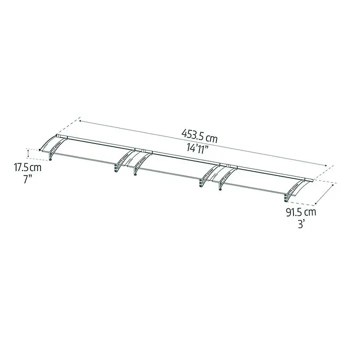 Palram – Canopia Marquesina para puerta Aquila - 453,5 x 91,5 x 17,5 cm, Antracita, Color del techo: Gris - Ilustración de una cubierta de patio con dimensiones en centímetros y pies, destacando las medidas del toldo.