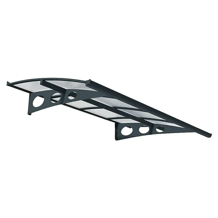 Palram – Canopia Marquesina para puerta Herald - 223 x 140 x 33 cm - Imagen de un toldo gris para puerta principal con techo transparente, ideal para proteger de la lluvia y el sol. Construcción sólida para exterior.