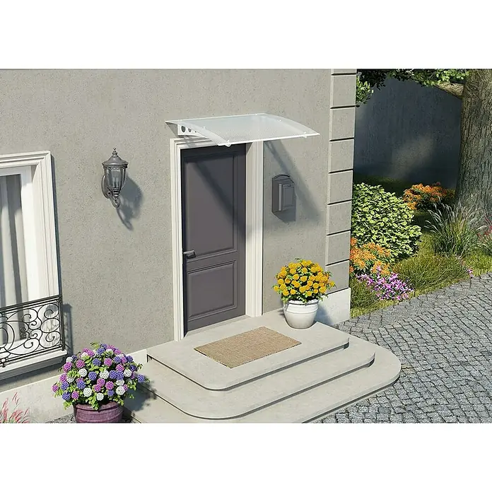 Palram – Canopia Marquesina para puerta Lyra doble capa - An x Pr x Al: 135 x 90 x 15,5 cm - Una elegante puerta principal con un dosel blanco, rodeada de arreglos florales y un encantador espacio exterior.