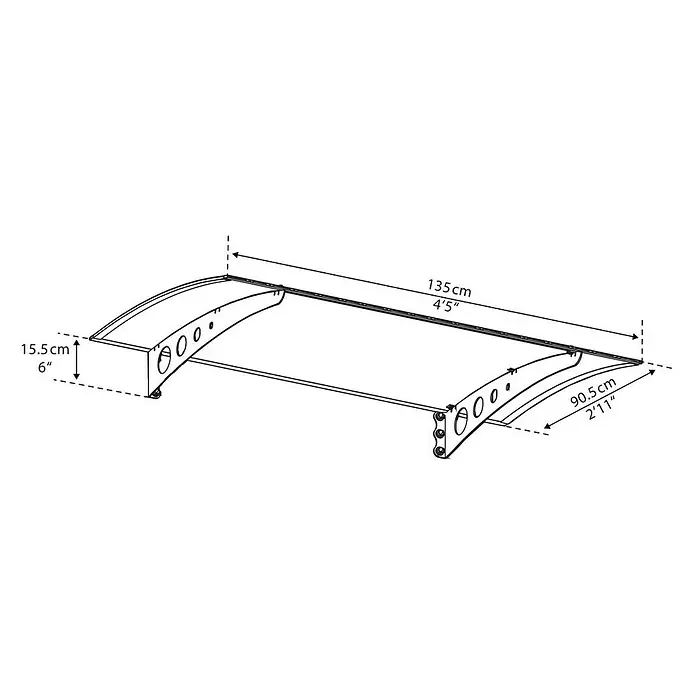 Palram – Canopia Marquesina para puerta Lyra doble capa - An x Pr x Al: 135 x 90 x 15,5 cm - Una vista detallada del toldo, mostrando dimensiones de 135 cm de largo, 90.5 cm de profundidad y 15.5 cm de alto.