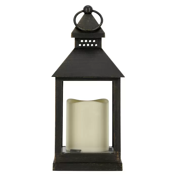 LED-Laterne - 10 x 10 x 24,5 cm, Schwarz - Dunkle Bronze Metalllaterne mit einer cremefarbenen LED-Kerze.