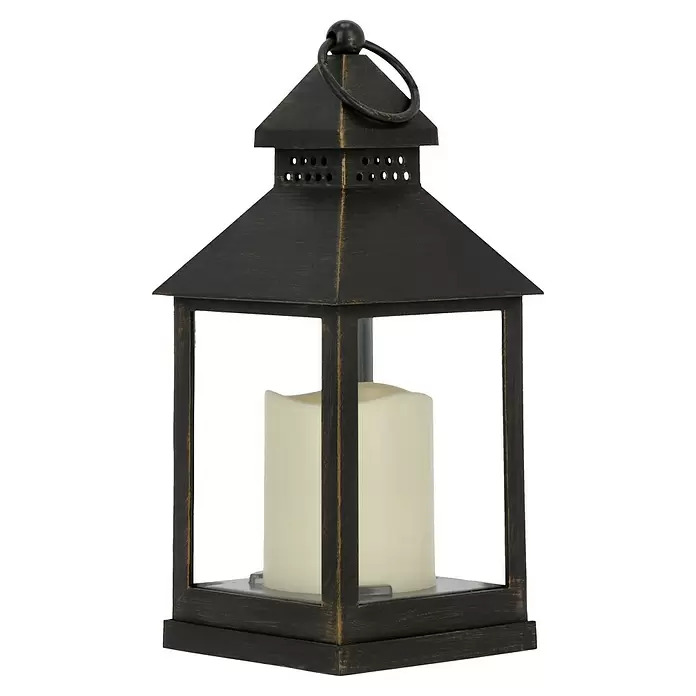 LED-Laterne - 10 x 10 x 24,5 cm, Schwarz - Dunkle Laterne aus patiniertem Metall mit cremefarbener LED-Kerze.