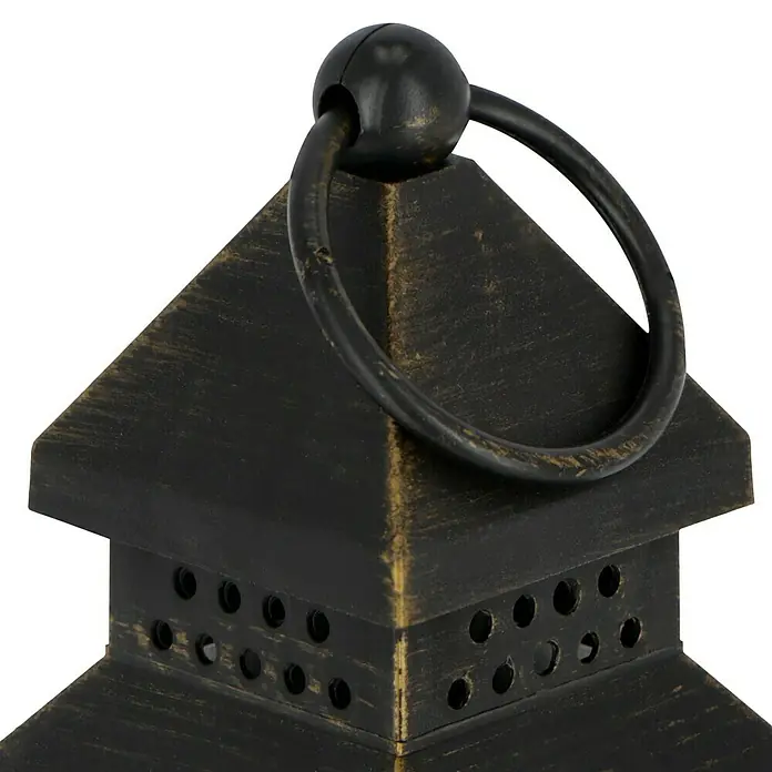 LED-Laterne - 10 x 10 x 24,5 cm, Schwarz - Nahaufnahme einer dekorativen, antik anmutenden Laterne mit einem Griff aus Metall und einem perforierten Design, ideal für stimmungsvolle Beleuchtung.