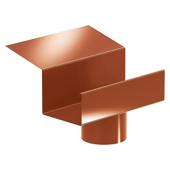 Sarei Piccolo Rinnenstutzen - Nennweite Zubehör Dachrinnen: 70/60 mm, Aluminium, Ziegelrot - Nahaufnahme eines glänzenden, kupferfarbenen Dachrinnenablaufs, der ein modernes Design und hochwertige Bauweise zeigt. Ideal zur Wasserableitung.