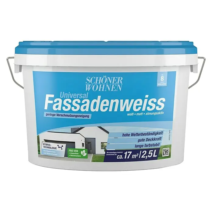 SCHÖNER WOHNEN-Farbe Dispersionsfassadenfarbe Universal Fassadenweiß - Weiß, 2,5 l - Eimer Fassadenfarbe "Schöner Wohnen Universal Fassadenweiss" mit blauem Deckel. Hohe Wetterbeständigkeit und gute Deckkraft für langanhaltende Farbe.