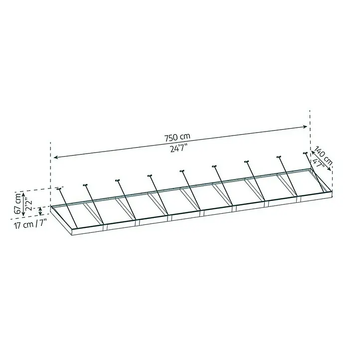Palram – Canopia Marquesina para puerta Sophia XL - 750 x 140 x 17 cm, Gris antracita, Color del techo: Blanco opal - Dibujo esquemático detallado de un estante con dimensiones en centímetros y pies, incluyendo altura, anchura y longitud del producto.