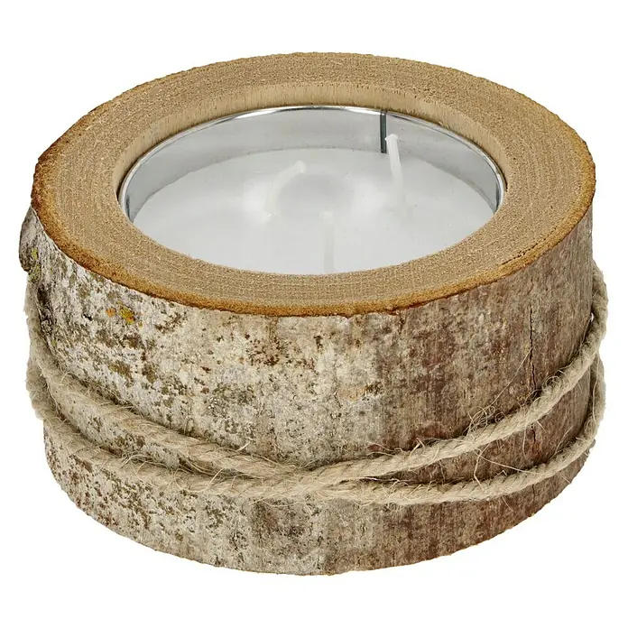 Windlicht mit Kerze - Weiß/Natur, Ø x H: 16 x 8 cm - Rustikaler Kerzenhalter aus Birkenrinde mit Teelicht und dekorativer Kordel. Ideal für gemütliche Atmosphäre.