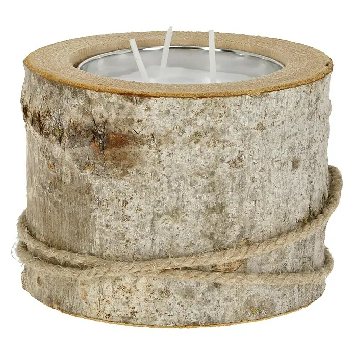 Windlicht mit Kerze - Weiß/Natur, Ø x H: 16 x 11,5 cm - Rustikaler Kerzenhalter aus Birkenholz mit Seilumwicklung und drei Kerzen für eine warme Atmosphäre.