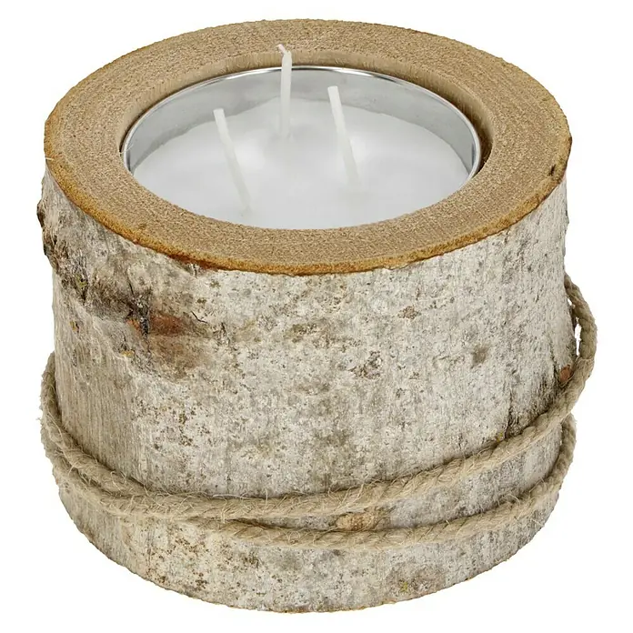 Windlicht mit Kerze - Weiß/Natur, Ø x H: 16 x 11,5 cm - Stimmungsvoller Kerzenhalter aus Birkenholz mit rustikaler Seilumwicklung, ideal für gemütliche Abende und als dekoratives Element.